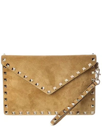 Valentino Garavani Valentino Rockstud Suede Clutch In White