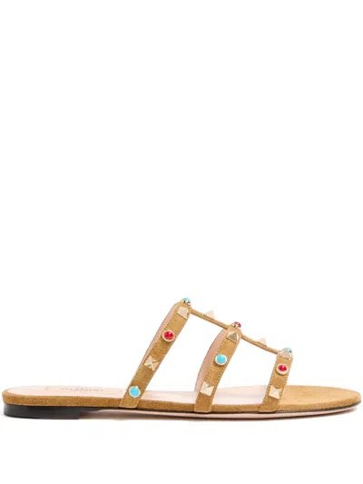 Valentino Garavani Rockstud Suede Sandals In Brown