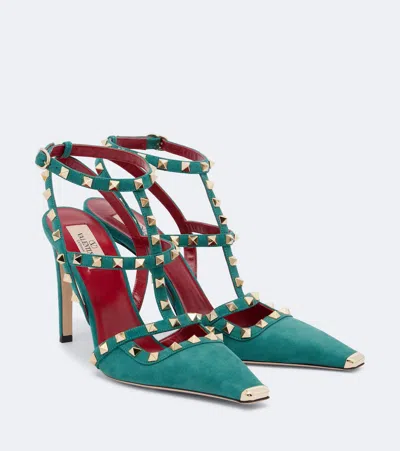 Valentino Garavani Slingback-pumps Rockstud Aus Veloursleder In Blau