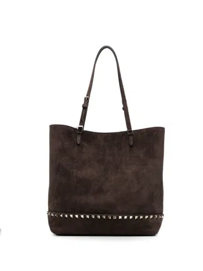 Valentino Garavani Rockstud Suede Tote Bag In Brown
