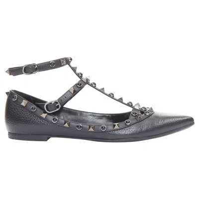 Pre-owned Valentino Garavani Valentino Rockstud Textured Calf Mixed Stone Stud Caged Ballet Flats Eu37.5 In Gray