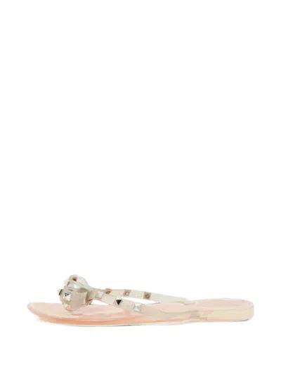 Pre-owned Valentino Garavani Rockstud Thong Flats In Silver