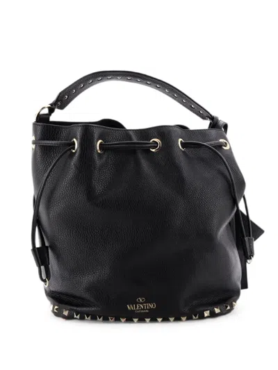 Pre-owned Valentino Garavani Rockstud Top Handle Leather Medium Bucket Bag In Black