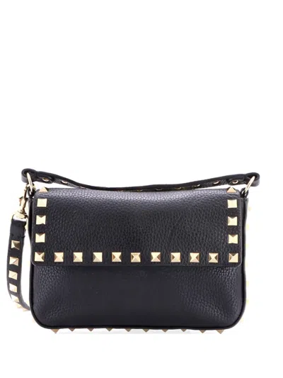 Pre-owned Valentino Garavani Rockstud Top Handle Pouch Leather Mini Crossbody Bag In Black