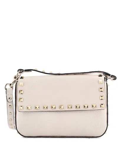 Pre-owned Valentino Garavani Rockstud Top Handle Pouch Leather Mini Crossbody Bag In Neutral