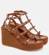 Valentino Rockstud Torchon 105 Leather Espadrille Wedge Sandals In Braun