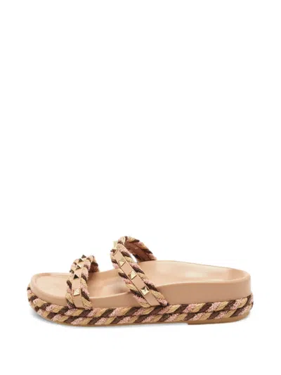 Pre-owned Valentino Garavani Rockstud Torchon Flat Sandals In Neutrals