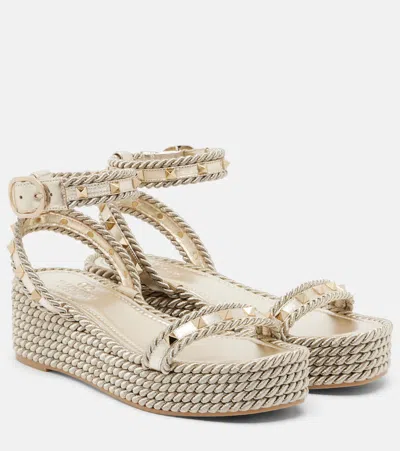 Valentino Garavani Rockstud Torchon Leather Espadrille Wedges In Gold