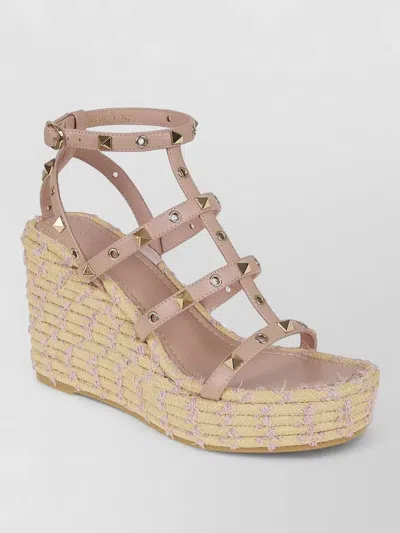 Valentino Garavani Rockstud Torchon Leather Wedge Espadrilles In Neutral
