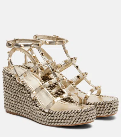 Valentino Garavani Rockstud Torchon Leather Wedge Espadrilles In Gold