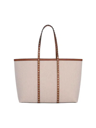 Valentino Garavani Rockstud Tote Bag In Naturale  Tobacco  & Selleria
