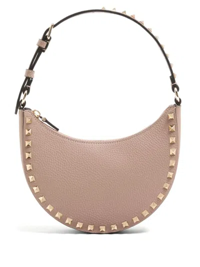 Valentino Garavani Mini Rockstud Hobo Bag In Grainy Calfskin Woman Poudre Uni In Pink