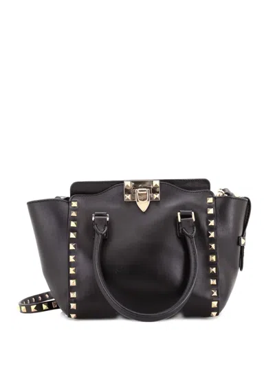 Pre-owned Valentino Garavani Rockstud Tote Rigid Leather Mini Satchel In Black