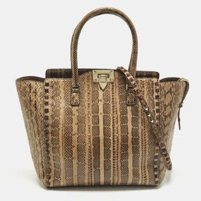 Pre-owned Valentino Garavani Rockstud Trapeze Brown/black Watersnake Leather Tote