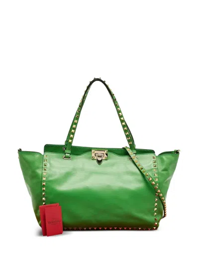 Pre-owned Valentino Garavani Rockstud Trapeze Leather Tote Bag In Green