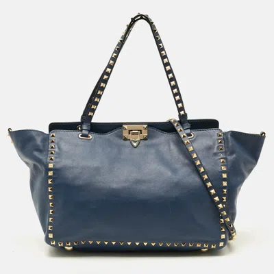 Pre-owned Valentino Garavani Rockstud Trapeze Medium Navy Blue Leather Tote
