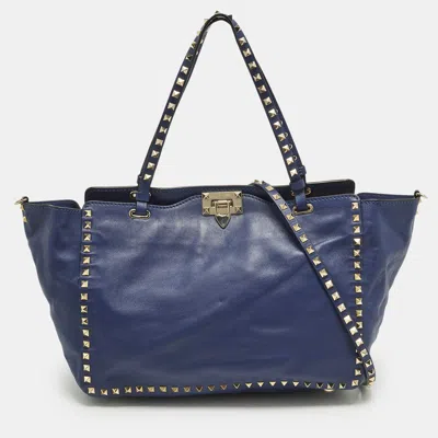 Pre-owned Valentino Garavani Rockstud Trapeze Medium Navy Blue Leather Tote