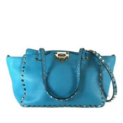 Pre-owned Valentino Garavani Rockstud Trapeze Satchel Small In Blue