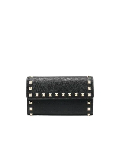 Valentino Garavani Rockstud Tri-fold Leather Wallet In Black