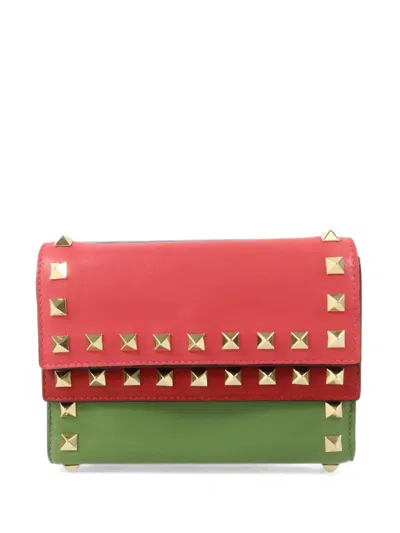 Pre-owned Valentino Garavani Rockstud Trifold Wallet In Green