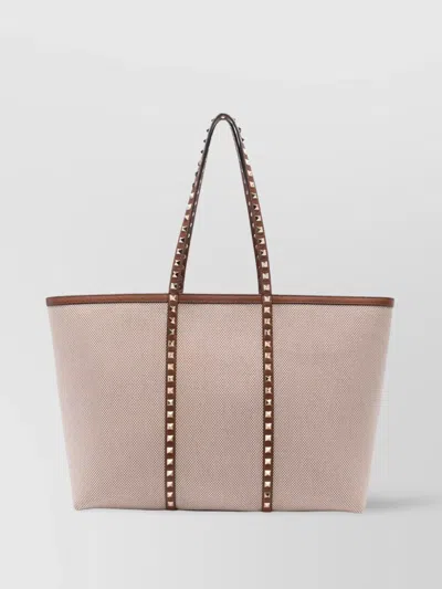 Valentino Garavani Rockstud Trim Canvas Medium Tote In Leather Brown