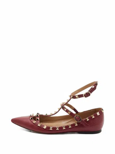 Pre-owned Valentino Garavani Rockstud T-strap Ballet Flats In Red