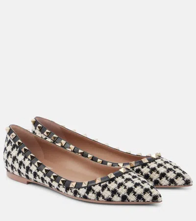 Valentino Garavani Rockstud Tweed Ballet Flats In Black