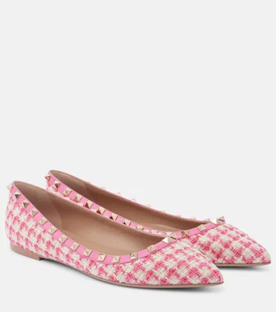 Valentino Garavani Rockstud Tweed Ballet Flats In Pink