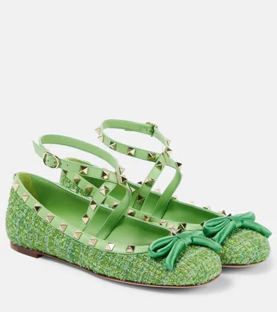 Valentino Garavani Rockstud Tweed Lamé Ballet Flats In Green