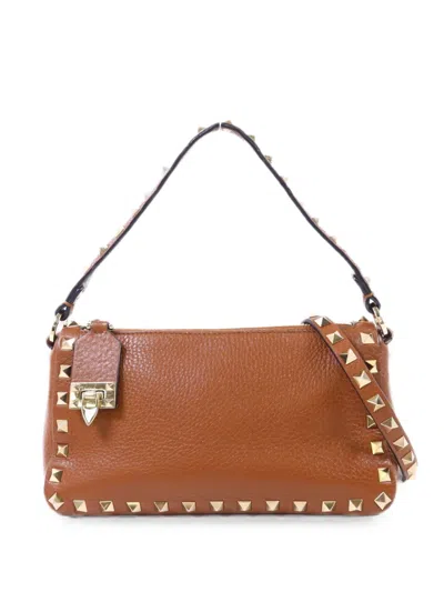 Pre-owned Valentino Garavani Rockstud Two-way Calfskin Shoulder Bag In Brown