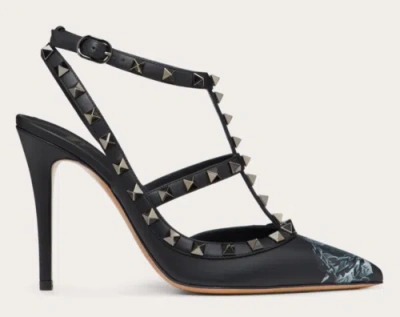 Pre-owned Valentino Garavani Valentino Rockstud Undercover Black Leather Rose T Strap Pointed Heel Pump 37.5