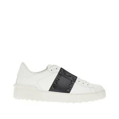 Valentino Garavani White Leather Rockstud Untitled Sneakers With Black Band