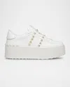Valentino White Rockstud Elegant Sneakers With Golden Studs In Bianco