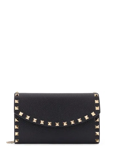 Valentino Garavani Rockstud Leather Wallet On Chain In Black
