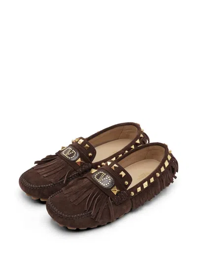 Pre-owned Valentino Garavani Rockstud Vlogo Loafers In Brown