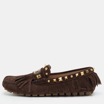 Pre-owned Valentino Garavani Rockstud Vlogo Size 38 Brown Suede Fringe Slip On Loafers