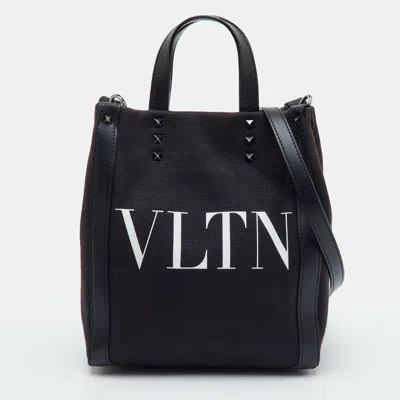 Pre-owned Valentino Garavani Rockstud Vltn Mini Black Canvas And Leather Logo Print Tote