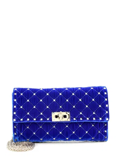 Pre-owned Valentino Garavani Rockstud Wallet On Chain Quilted Velvet Small Crossbody Bag In Blue