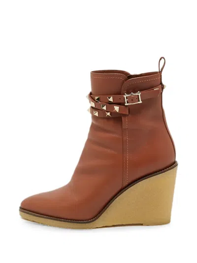 Pre-owned Valentino Garavani Rockstud Wedge Ankle Boots In Brown