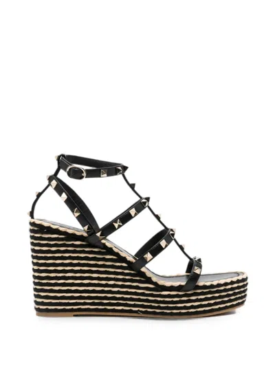 Valentino Garavani Rockstud Embellished Leather Wedge Espadrilles In Black