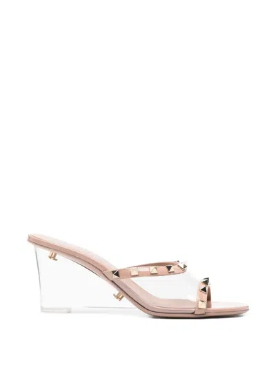 Pre-owned Valentino Garavani Rockstud Wedge Heeled Sandals In Neutral