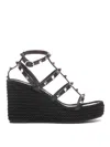 Valentino Rockstud Ankle Strap Wedge Sandal In Calfskin Leather 95 Mm In Black