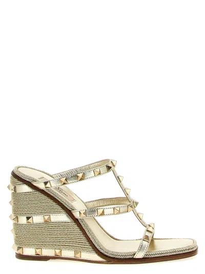 Valentino Garavani Rockstud Wedge Sandal In Laminated Nappa With Cornely Embroidery 100mm Woman Plat In Platinum