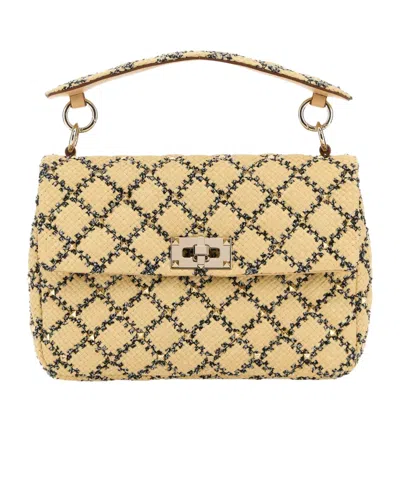 Valentino Garavani Raffia Rockstud Shoulder Bag In White