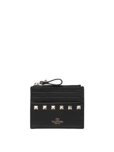 Valentino Garavani Rockstud Zip Around Card Holder In Black