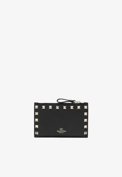 Valentino Garavani Rockstud Zip Leather Cardholder In Black