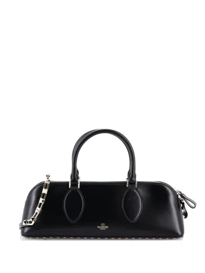 Pre-owned Valentino Garavani Rockstud Zip Up Top Handle Bag Leather East West Shoulder Bag In Black