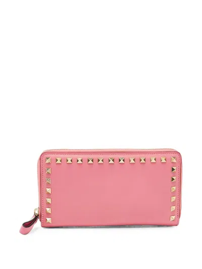 Pre-owned Valentino Garavani Rockstud Zip-around Wallet In Pink