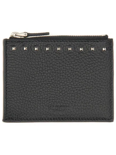Valentino Garavani Rockstud Zipped Card Case In Grainy Leather In Black
