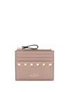 Valentino Womens Poudre Rockstud Leather Card Holder In Nude